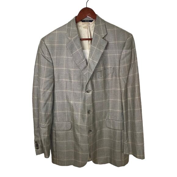 Faconnable Wool Silk Windowpane Houndstooth Blazer Tan Navy Green Men’s Sz 42L - Picture 1 of 13
